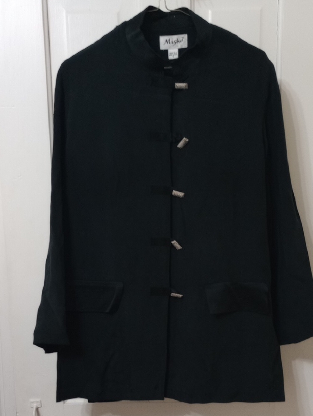 MISHO Vtg.Black Silk Mandarin Collar Jacket W/Rhinestone Buttons